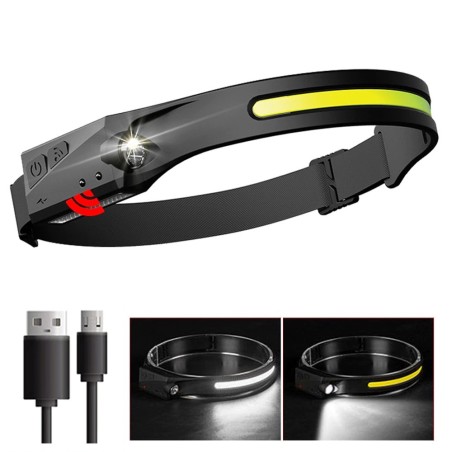 Farol de indução com bateria integrada - LED COB - recarregável USB - lanterna frontal