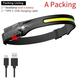 Farol de indução com bateria integrada - LED COB - recarregável USB - lanterna frontal