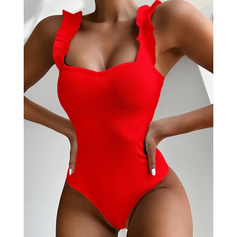 Fato de banho sexy com nervuras de uma peça - babados decorativos - push up