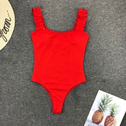 Fato de banho sexy com nervuras de uma peça - babados decorativos - push up
