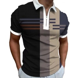 Polo elegante - manga curta - zíper - listras - estampa geométrica