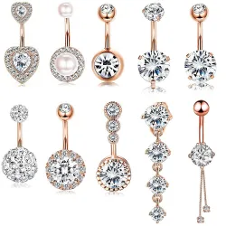 Anel de umbigo - piercing - zircônias cúbicas redondas duplas - aço cirúrgico 316L - ouro
