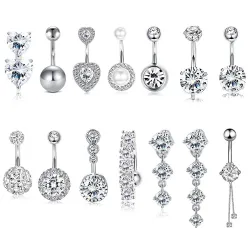 Anel de umbigo - piercing - zircônias cúbicas duplas redondas - aço cirúrgico 316L - prata