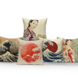 Capa de almofada decorativa - estilo japonês - mulher - ondas do mar - nascer do sol - montanhas - 40 cm * 40 cm - 45 cm * 45 cm