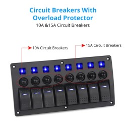 Waterproof switch panel with LED and fuses - 8-channels - for car - boat - camperSwitches