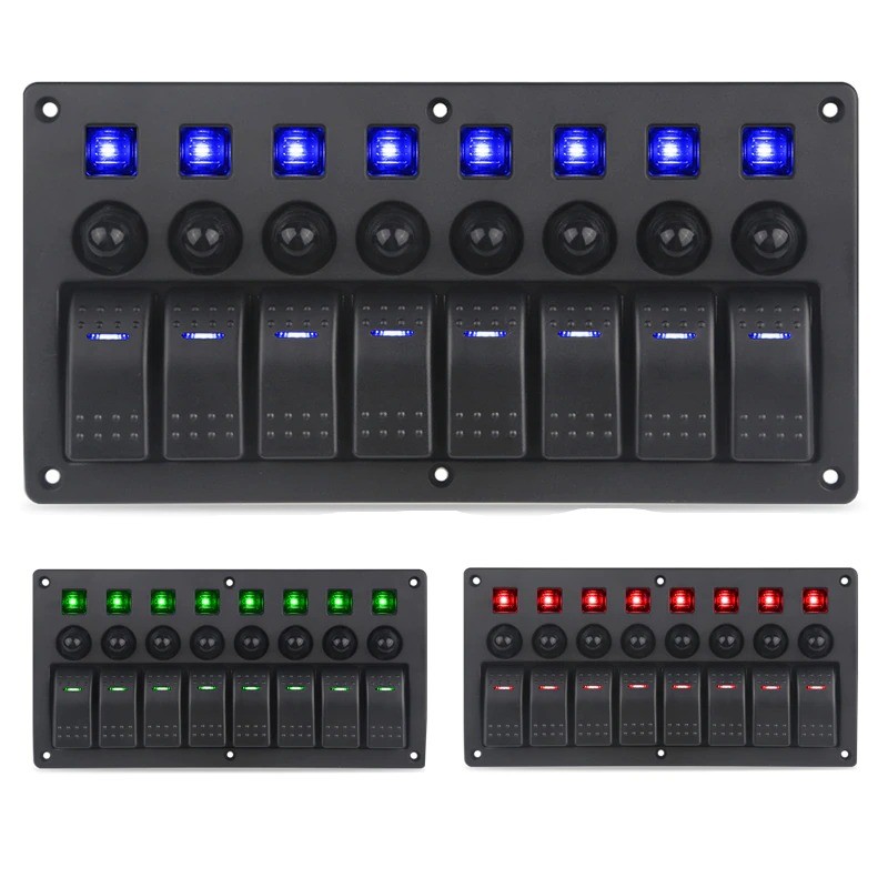 Painel de interruptores à prova d'água com LED e fusíveis - 8 canais - para carro - barco - campista Painel de interruptores à prova d'água com LED e fusíveis - 8 canais - para carro - barco - campista