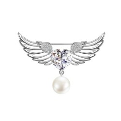 Broche luxuoso - asas de anjo - coração de cristal - pérola