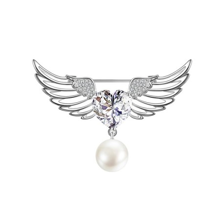 Broche luxuoso - asas de anjo - coração de cristal - pérola