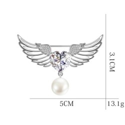 Broche luxuoso - asas de anjo - coração de cristal - pérola