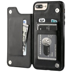 Porta-cartões retrô - capa de telefone - capa de couro - mini carteira - para iPhone - preto