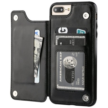 Porta-cartões retrô - capa de telefone - capa de couro - mini carteira - para iPhone - preto