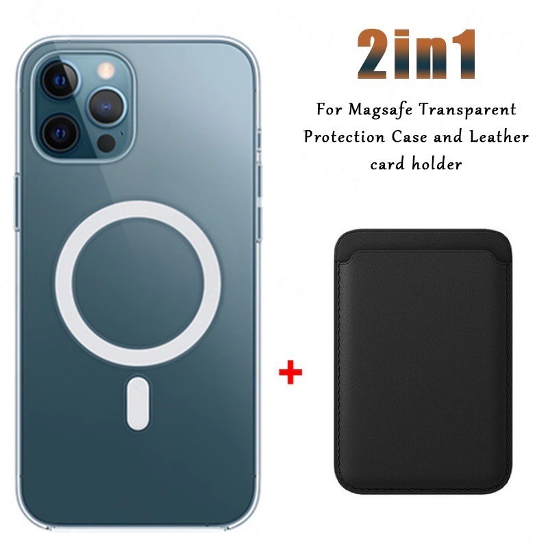 Magsafe wireless charging - transparent magnetic case - magnetic leather card holder - for iPhone - blackProtection Magsafe wireless charging - transparent magnetic case - magnetic leather card holder - for iPhone - blackProtection