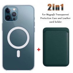 Carregamento sem fio Magsafe - estojo magnético transparente - suporte para cartão magnético em couro - para iPhone - verde escu