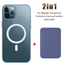 Carregamento sem fio Magsafe - estojo magnético transparente - porta-cartões de couro magnético - para iPhone - roxo