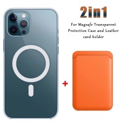 Carregamento sem fio Magsafe - estojo magnético transparente - porta-cartões de couro magnético - para iPhone - laranja