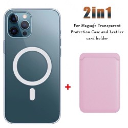 Carregamento sem fio Magsafe - estojo magnético transparente - porta-cartões de couro magnético - para iPhone - rosa