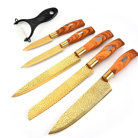 Professional gold plated kitchen knives - peeler - stainless steel - wooden handle - 6 pieces setSteel
