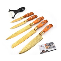 Professional gold plated kitchen knives - peeler - stainless steel - wooden handle - 6 pieces setSteel