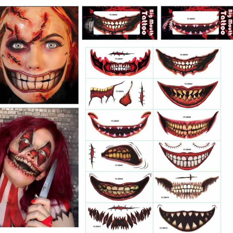 Tatuagem temporária de Halloween - adesivo à prova d'água - boca de palhaço - 12 peças