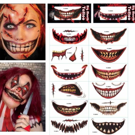 Tatuagem temporária de Halloween - adesivo à prova d'água - boca de palhaço - 12 peças