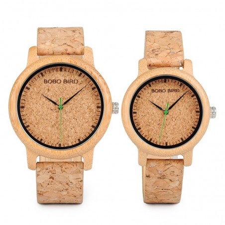 Relógio de madeira de bambu - Quartzo - feito à mão - pulseira de cortiça - para ela - para ele - para casais