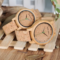 Relógio de madeira de bambu - Quartzo - feito à mão - pulseira de cortiça - para ela - para ele - para casais