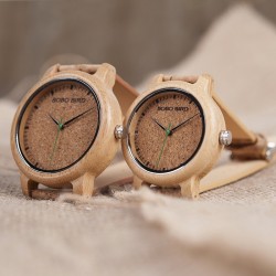 Relógio de madeira de bambu - Quartzo - feito à mão - pulseira de cortiça - para ela - para ele - para casais