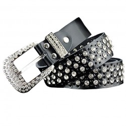 Cinto de couro da moda - com furos / strass - fivela de metal