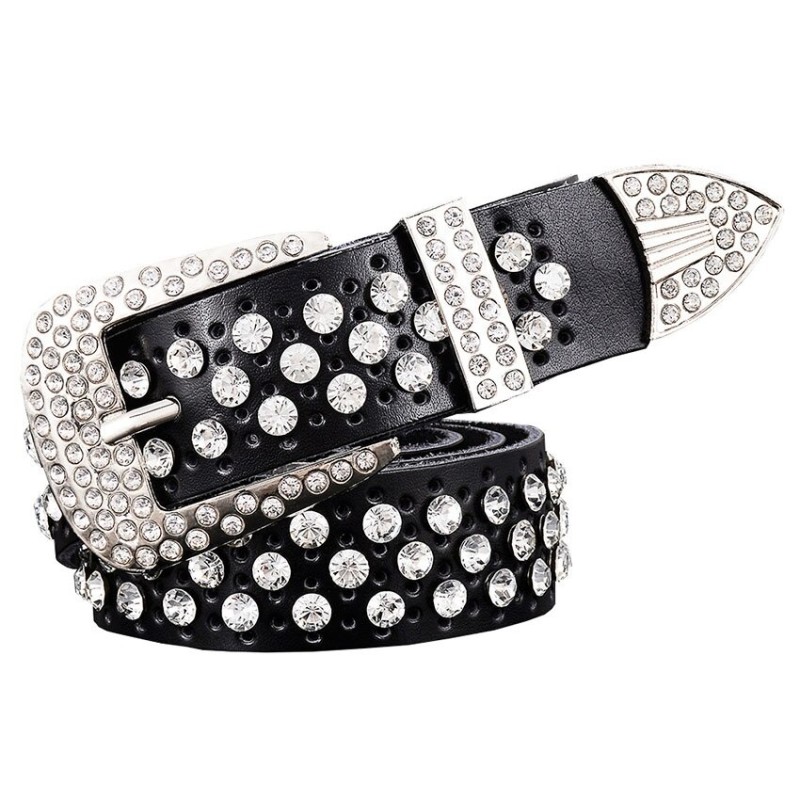 Cinto de couro da moda - com furos / strass - fivela de metal
