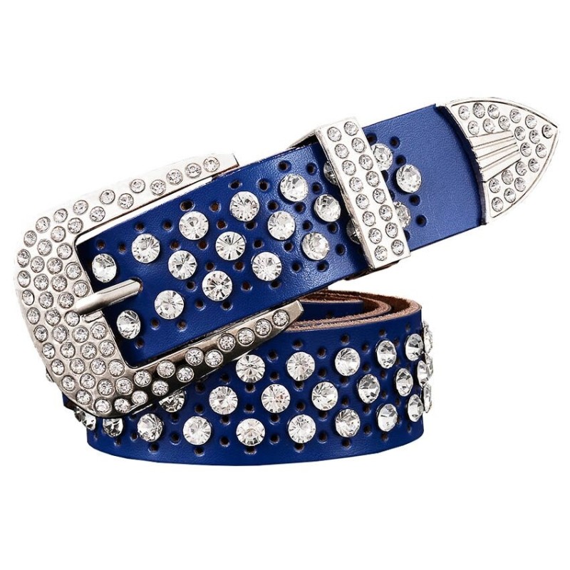 Cinto de couro da moda - com furos / strass - fivela de metal