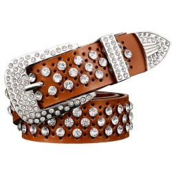 Cinto de couro da moda - com furos / strass - fivela de metal