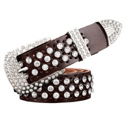 Cinto de couro da moda - com furos / strass - fivela de metal