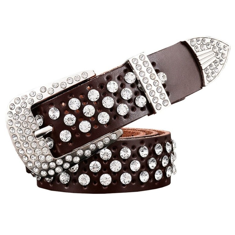 Cinto de couro da moda - com furos / strass - fivela de metal