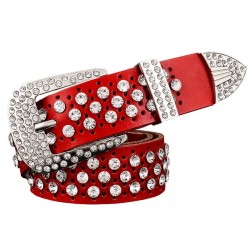 Cinto de couro da moda - com furos / strass - fivela de metal