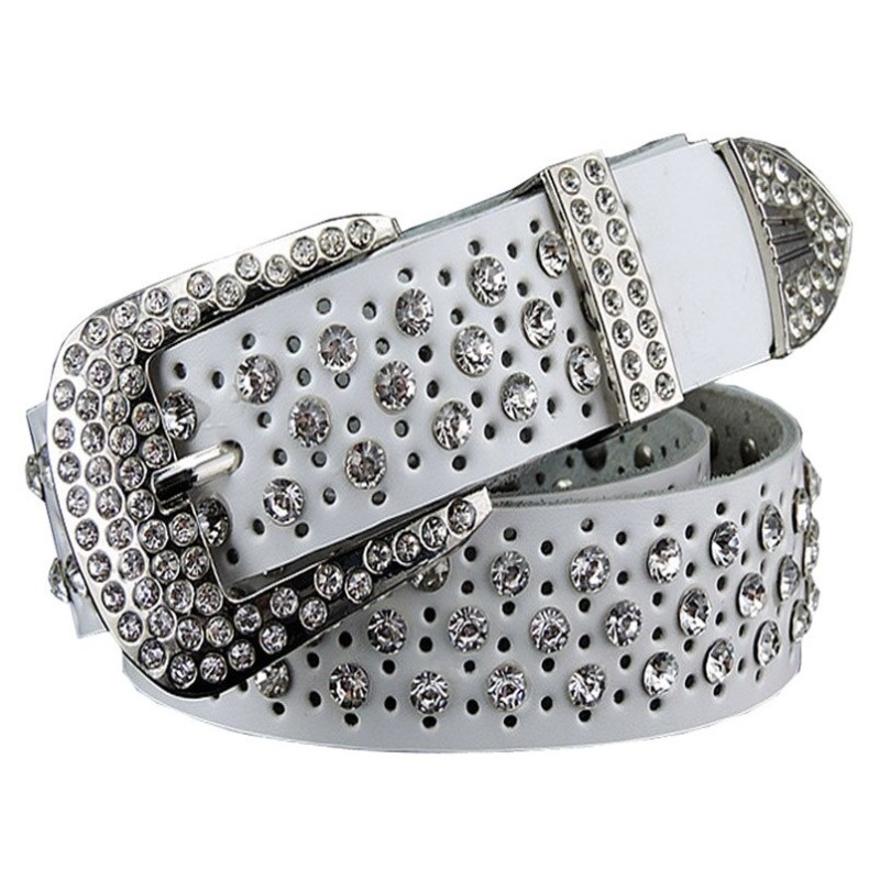 Cinto de couro da moda - com furos / strass - fivela de metal