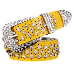 Cinto de couro da moda - com furos / strass - fivela de metal