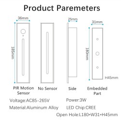 Lâmpada de parede LED de encastrar - com sensor de movimento - IP65 exterior - 3W