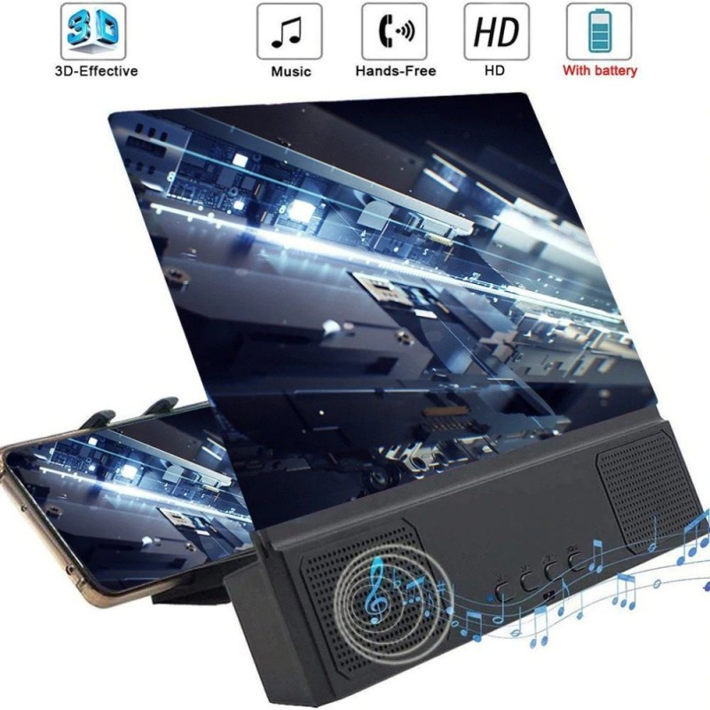 12 polegadas - Amplificador de tela - lupa de vidro 3D com alto-falante Bluetooth - para smartphone