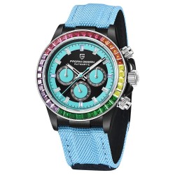 PAGANI DESIGN - relógio mecânico / automático - luneta arco-íris - impermeável - couro / pulseira de nylon