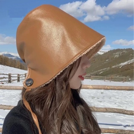 Chapéu estilo balde - chapéu de couro de inverno quente - estilo coreano
