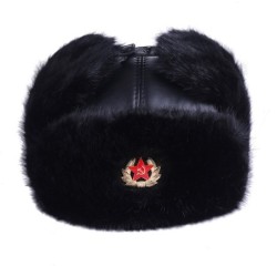 Boné bomber masculino - preto ushanka russo - com orelheiras - pele / couro