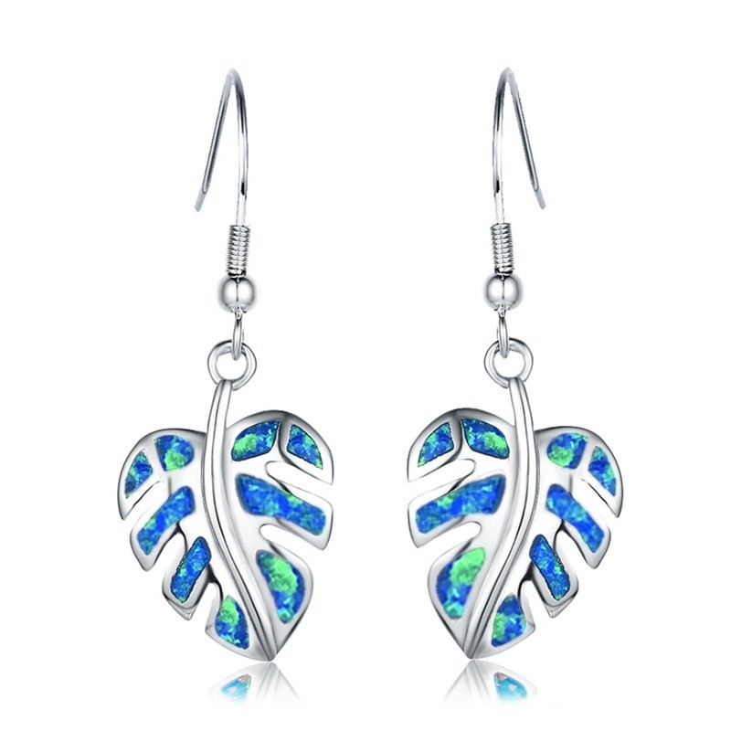 Silver dangle leaves earrings - colorful crystal opalEarrings