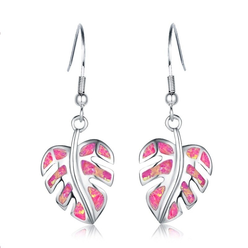 Silver dangle leaves earrings - colorful crystal opalEarrings