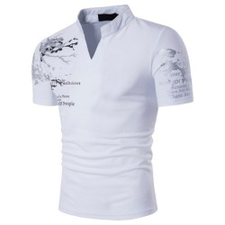 T-shirt elegante de manga curta - gola aberta - mangas estampadas