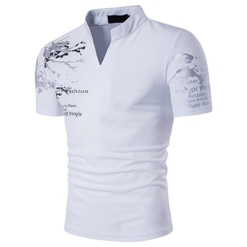 Fashionable short sleeve t-shirt - stand up open collar - printed sleevesT-shirts