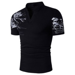 Fashionable short sleeve t-shirt - stand up open collar - printed sleevesT-shirts