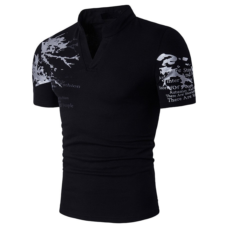 Fashionable short sleeve t-shirt - stand up open collar - printed sleevesT-shirts