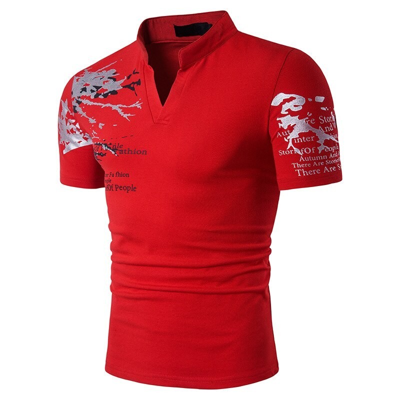 Fashionable short sleeve t-shirt - stand up open collar - printed sleevesT-shirts
