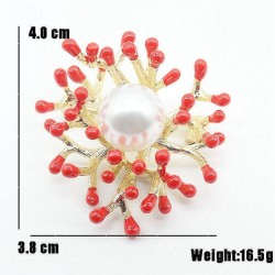 Coral vermelho com pérola - broche de ouro