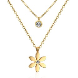 Flower pendant with crystal - double chain necklace - stainless steelNecklaces